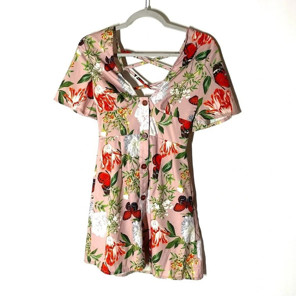 NEW PrettyLittleThing Beige Floral Print Criss Cross Button Bodycon Dress Size 2 - Picture 5 of 12